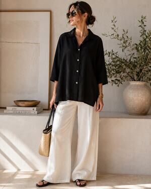 Cotton Connection Black Linen Button Front Shirt Sz L Minimalist